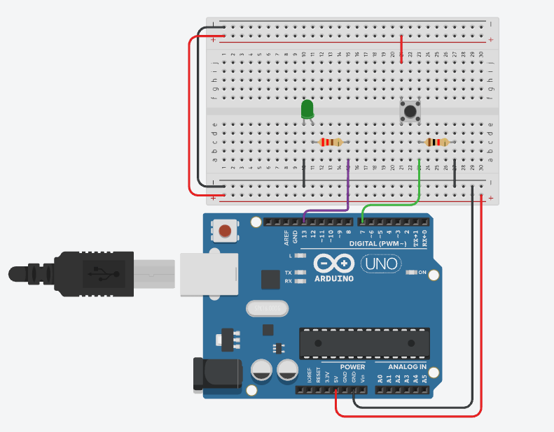 Schema di montaggio del progetto Arduino con pulsante e led (tinkercad.com)